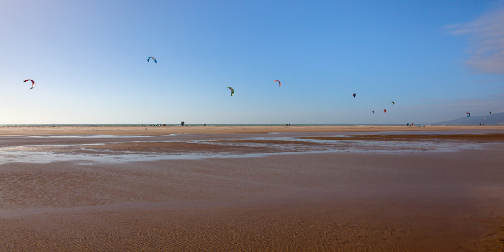 Kite surfing in Tarifa, southernmost city in Europe situated in Andalucia, Spain