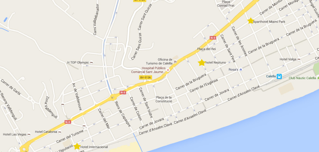 Locations of our recommended hotels in Calella.