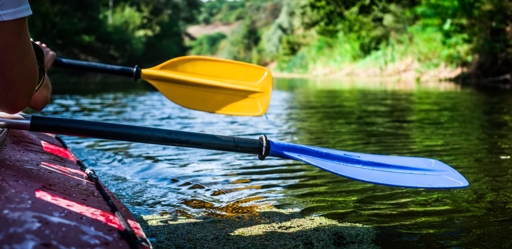 rowers on canoe floating to shore