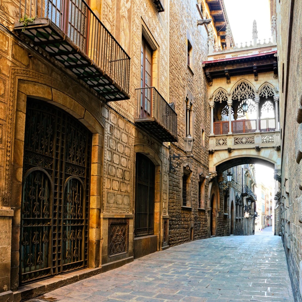 Beautiful covered bridge in the Gothic Quarter of old Barcelona, Spain