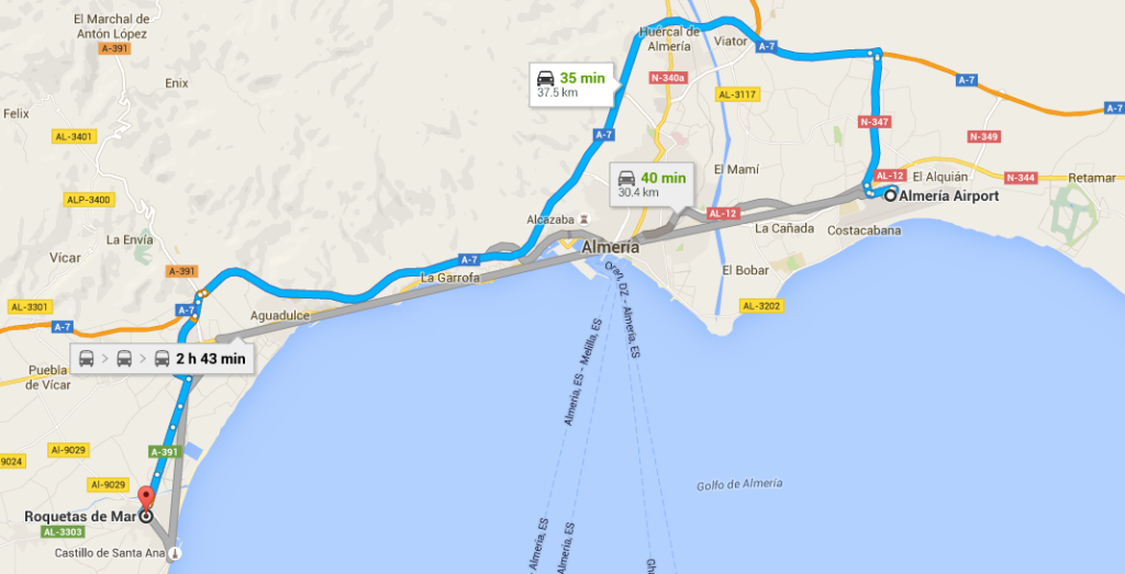 Transferzeit vom Flughafen Almería nach Roquetas de Mar ist nur 35 Minuten.