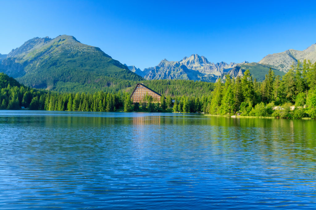 View of the Strbske Pleso and mountains.