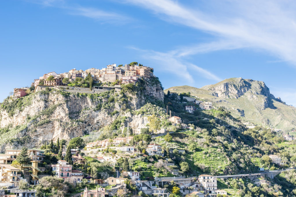 Panoramic view of the amazing town Castelmola. Taormina.  Province of Messina. Sicily, Italy.