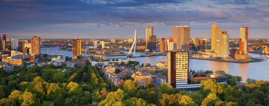 Rotterdam Panorama. Panoramic image of Rotterdam, Netherlands during summer sunset.