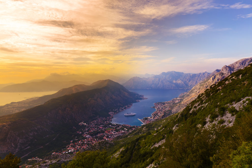 Kotor Bay on sunset - Montenegro - nature and architecture background
