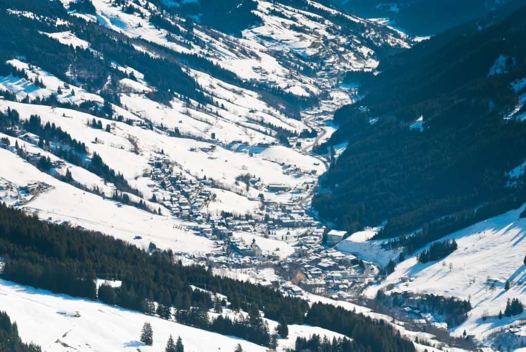 view of Glemmtal valley and downhill ski slopes in Saalbach Hinterglemm region, Austria