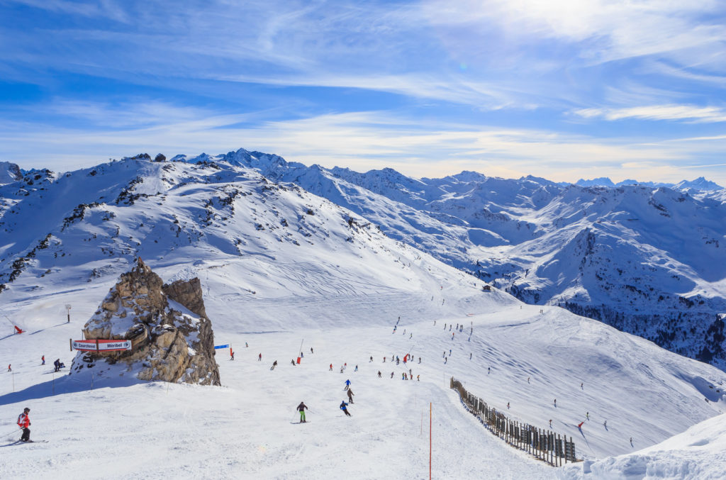 View of snow covered Courchevel slope in French Alps. Ski Resort Courchevel