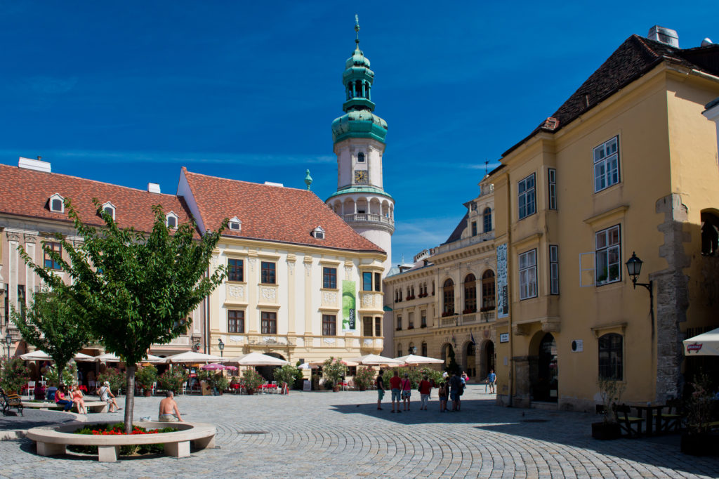 The Main square in the old town of Sopron, important town in the western Transdanubia of Hungary.
