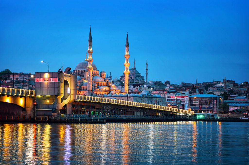 Galata Bridge at night. Istanbul, Turkey.