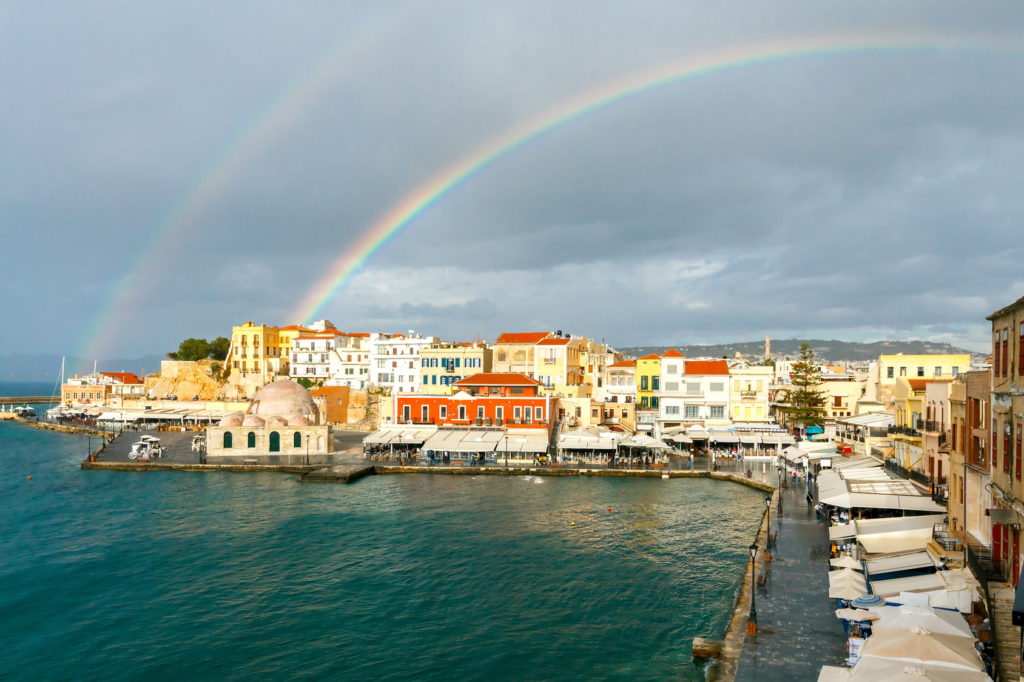 Chania. Rainbow over the old harbor.