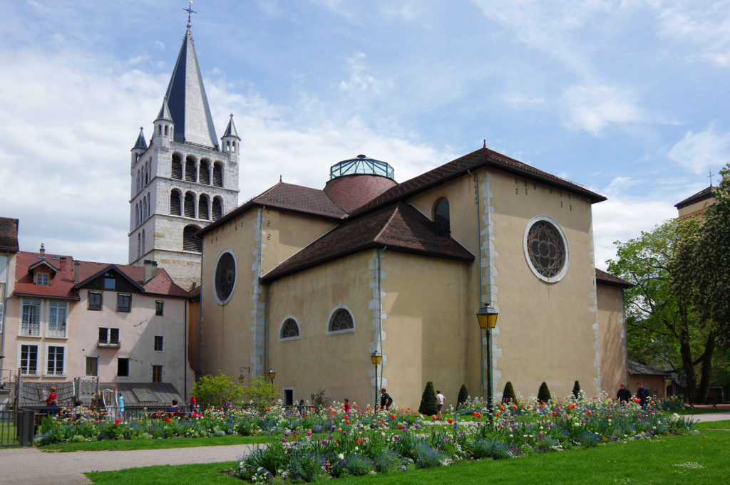 ANNECY, FRANCE - 29 APRIL, 2015: View of the cathedral in city centre of Annecy, capital of Haute Savoie province in France. Annecy is known to be called the French Venice