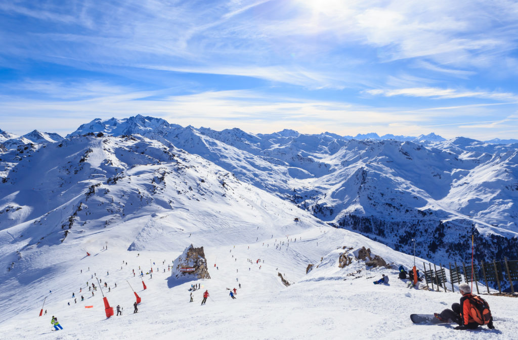 View of snow covered Courchevel slope in French Alps. Ski Resort
