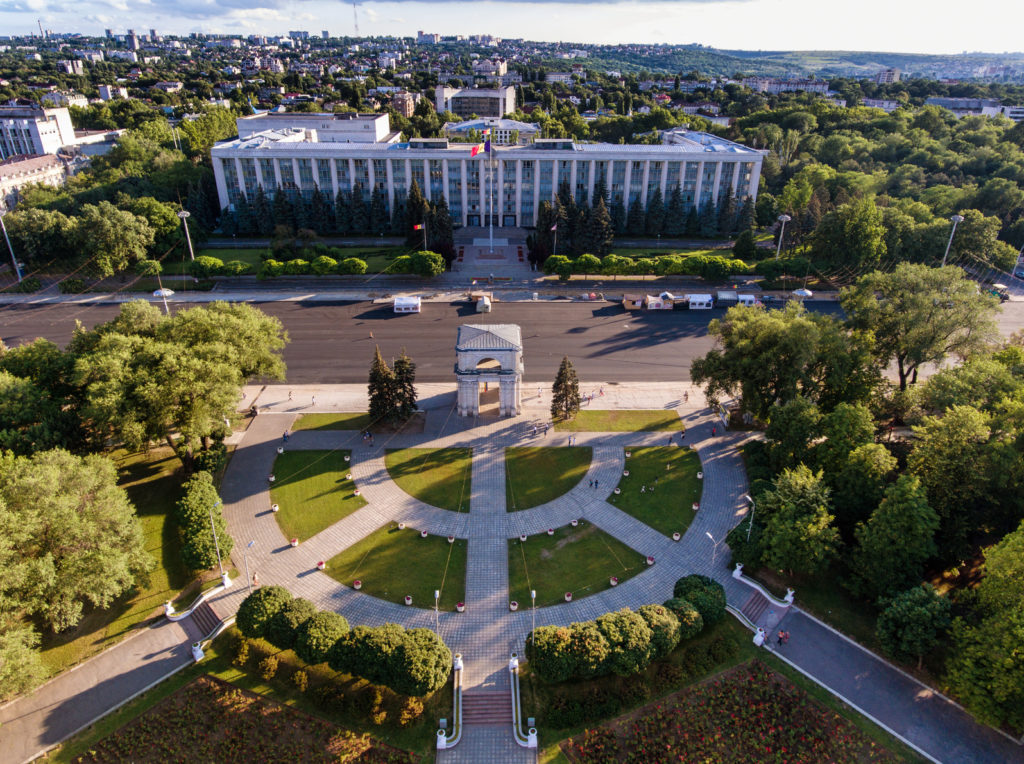 Chisinau, the Triumphal Arch, The Great National Assembly Square and the main gouverment building in the city center