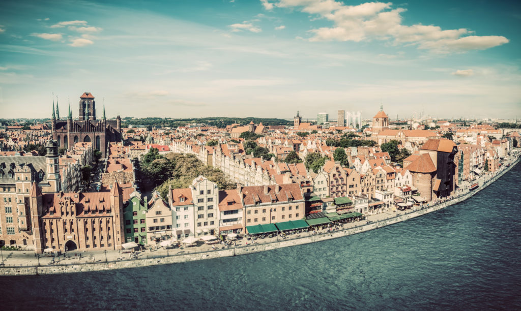 Panorama of Gdansk old town and Motlawa river in Poland. The city also known as Danzig and the city of amber. Vintage