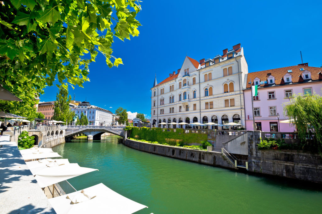 Ljubljana city center on green Ljubljanica river, capital of Slovenia