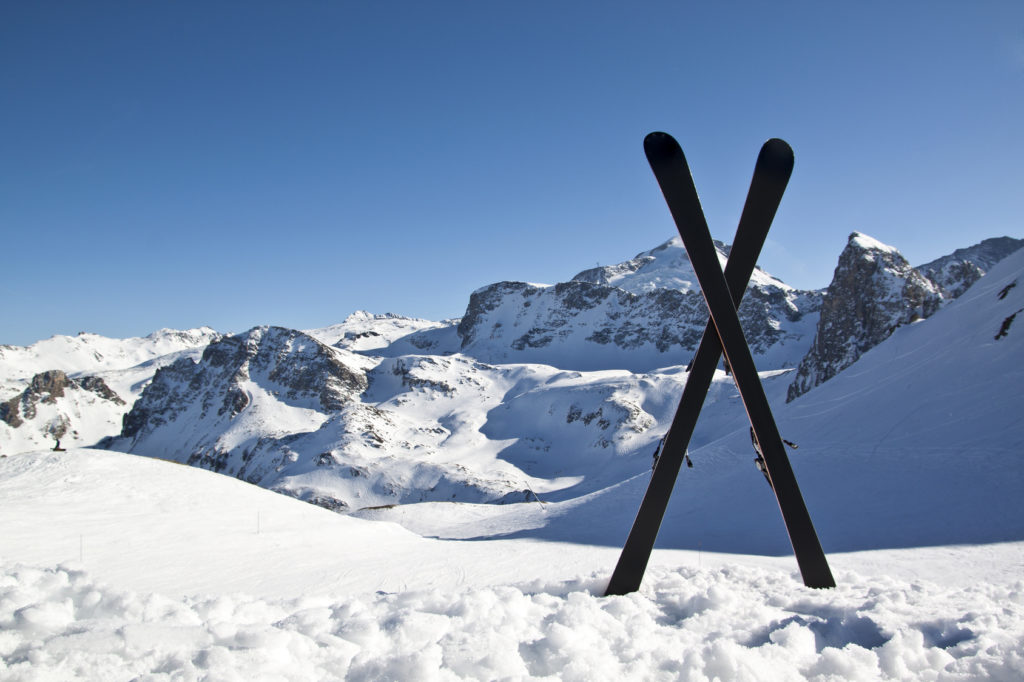 Pair of cross skis in snow,Highmountains