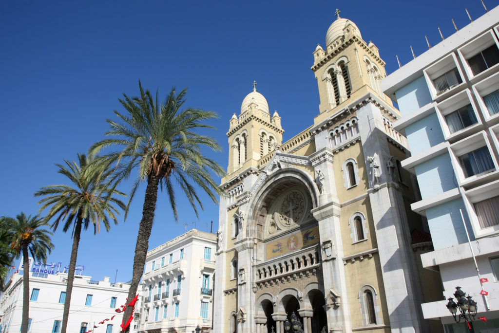 Avenue Habib Bourguiba, Cathedral of St Vincent de Paul in Tunis,Tunisia.