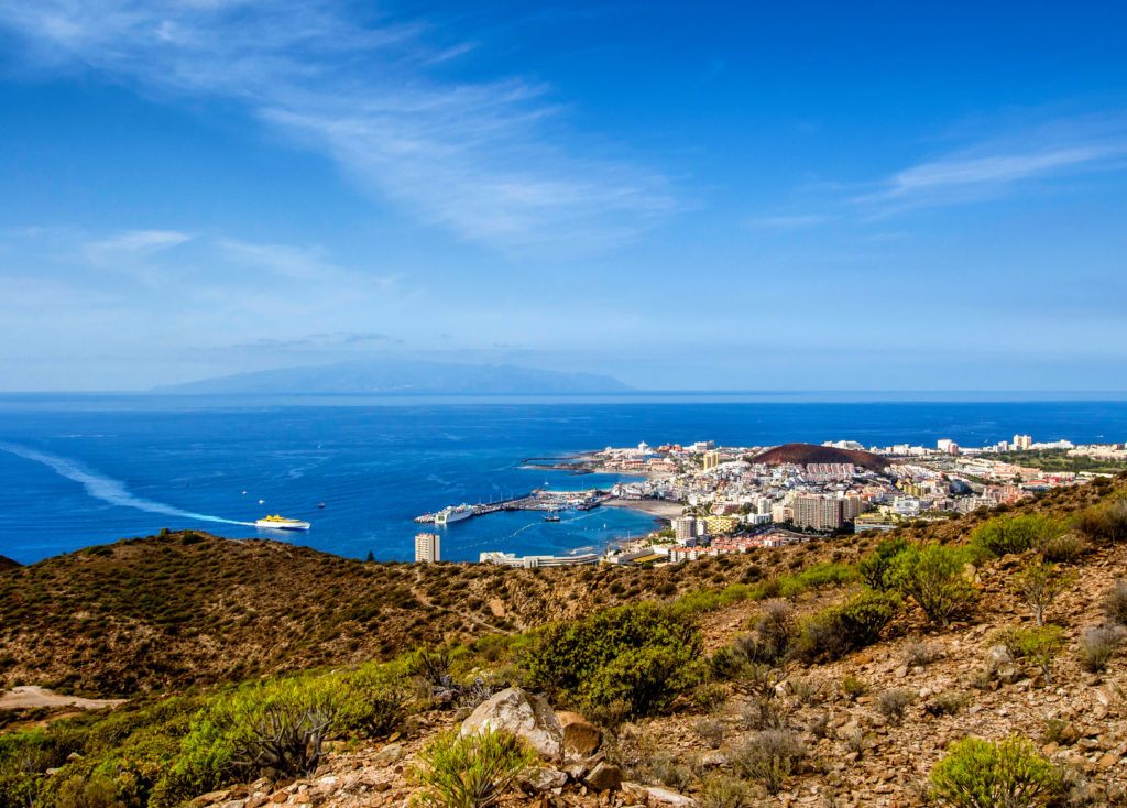 Los Cristianos and La Gomera, view from Guaza mountain. Tenerife, Canary Islands. Spain