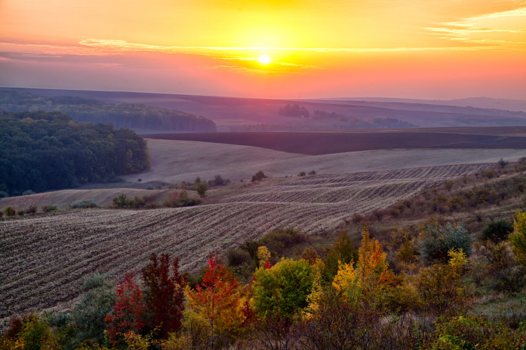 Sunrise in the countryside of Moldova region of Romania in autumn.