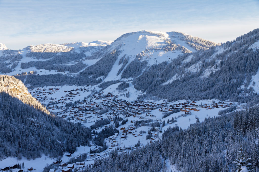 Cityscape of the town of Chatel in the Portes du Soleil in France on a sunny morning