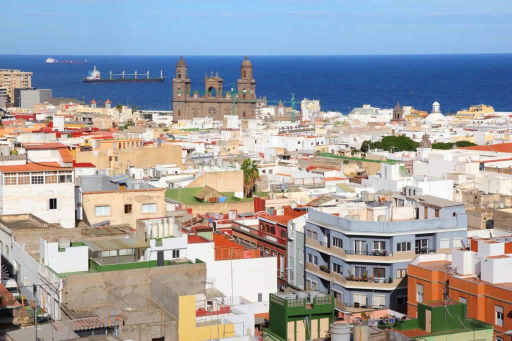Las Palmas, Gran Canaria - cityscape with cathedral and Atlantic Ocean.