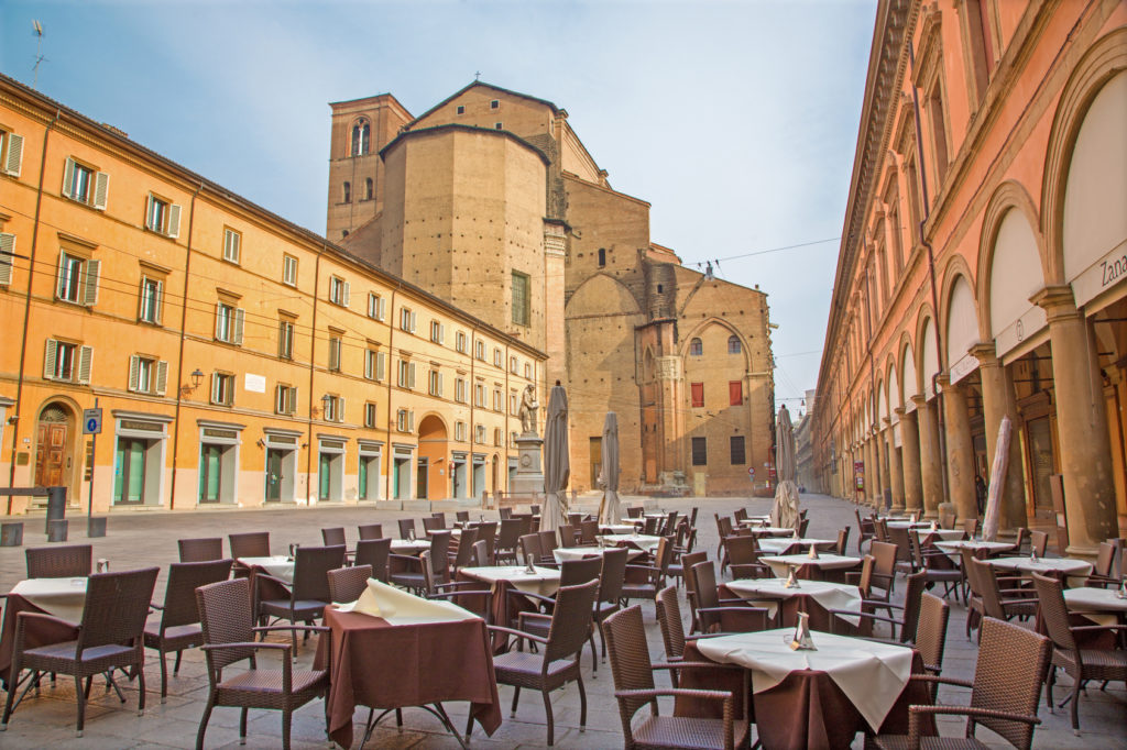 BOLOGNA, ITALY - MARCH 16, 2014: Piazza Galvani square with the Dom or San Petronio church in Sunday morning.