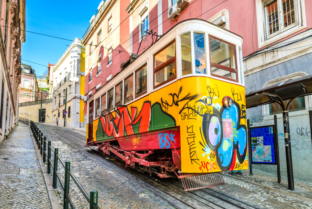 LISBON, PORTUGAL - MARCH 22, 2012: Gloria Funicular in the city center of Lisbon, National Monument in Portugal and a popular tourist attraction of Europe.
